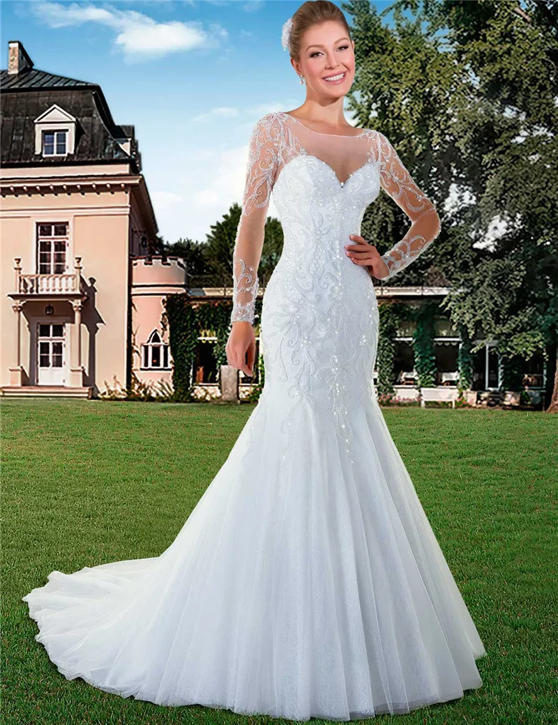 Sexy Mermaid Long Sleeve 2016 New Scoop White Beaded Lace