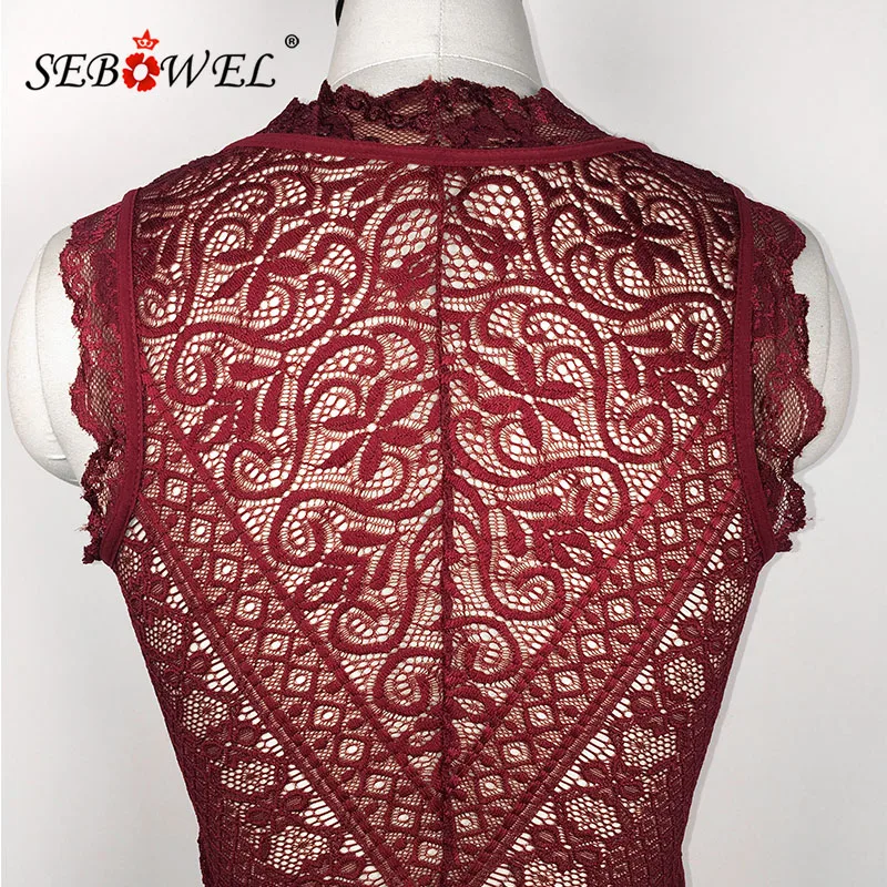 SEBOWEL Sexy Black/Red/White Sleeveless Lace Bodysuit Women Deep-V Hollow-out Bodysuits Feminine Transparent Bodycon Body Tops SEBOWEL Sexy Black/Red/White Sleeveless Lace Bodysuit Women Deep-V Hollow-out Bodysuits Feminine Transparent Bodycon Body Tops