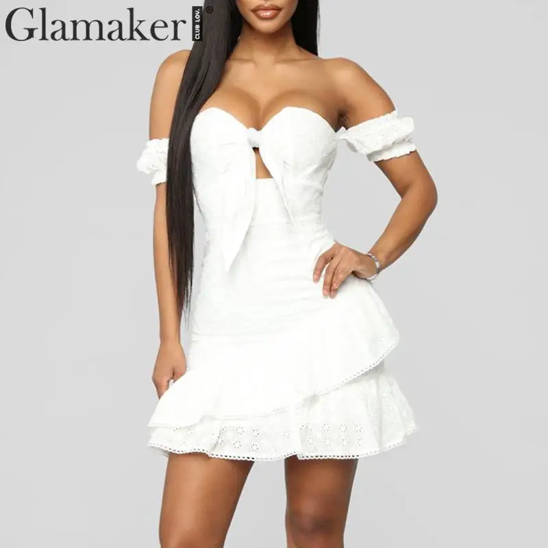 Glamaker White embroidery women dress Off shoulder irregular ruffles holiday dress Elegant party club vintage autumn dresses