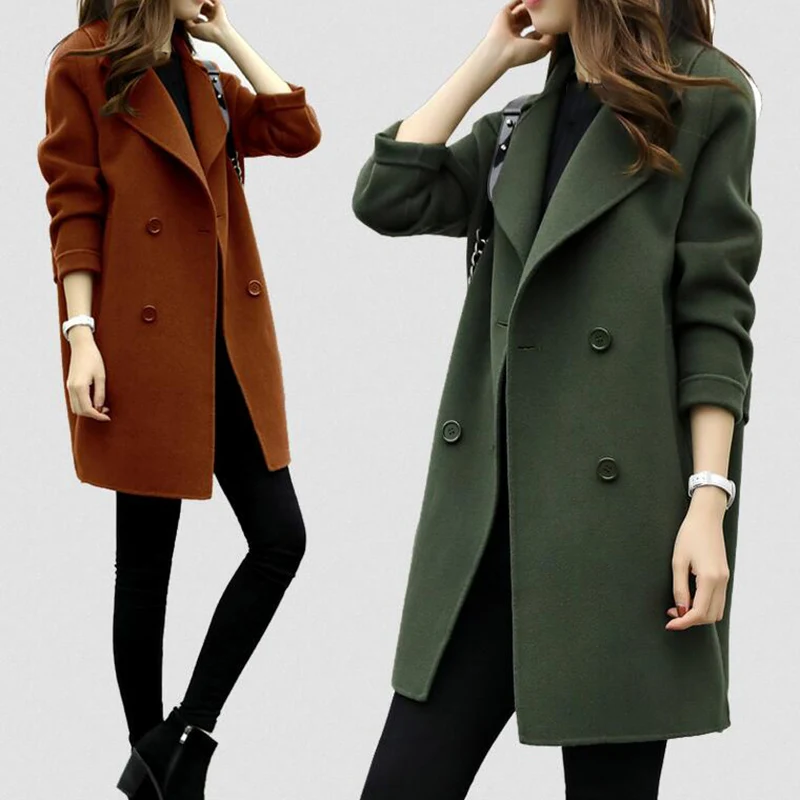 Women Wool Blend Warm Long Coat Plus Size Female Slim Fit Lapel Woolen Overcoat Autumn Winter Cashmere Outerwear