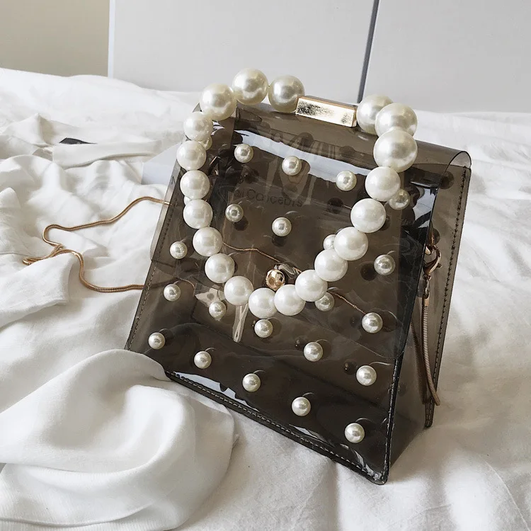 

Small Bag Woman 2019 Handbag Girl Pearl Hand Transparent Jelly Single Shoulder Satchel Chain Package