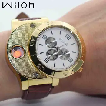 

new Lighter Watch for Men Fashion sports Quartz Watches USB charging luxury Gold leather Flameless Cigarette Lighter F781