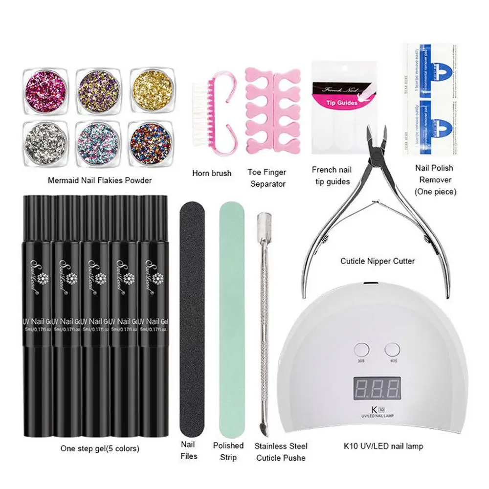 

20pcs Nail Art Tools Set 5pcs One Step Nail Gel Pen + 6pcs Color Powder + UV Lamp Kit Soak Off Manicure Tool