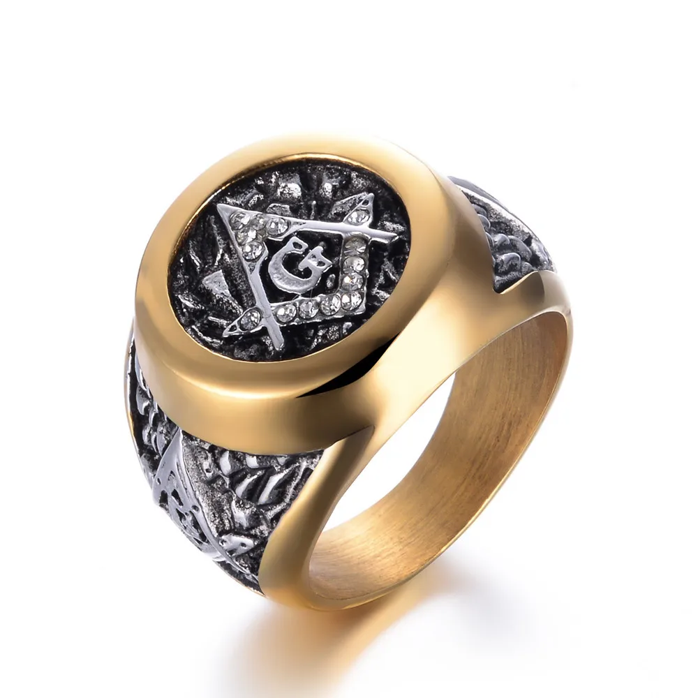 

2019 new arrrived Gold color Stainless steel Men Hip hop free mason Rings fashion popular mens vintage ring Hiphop jewelry gifts