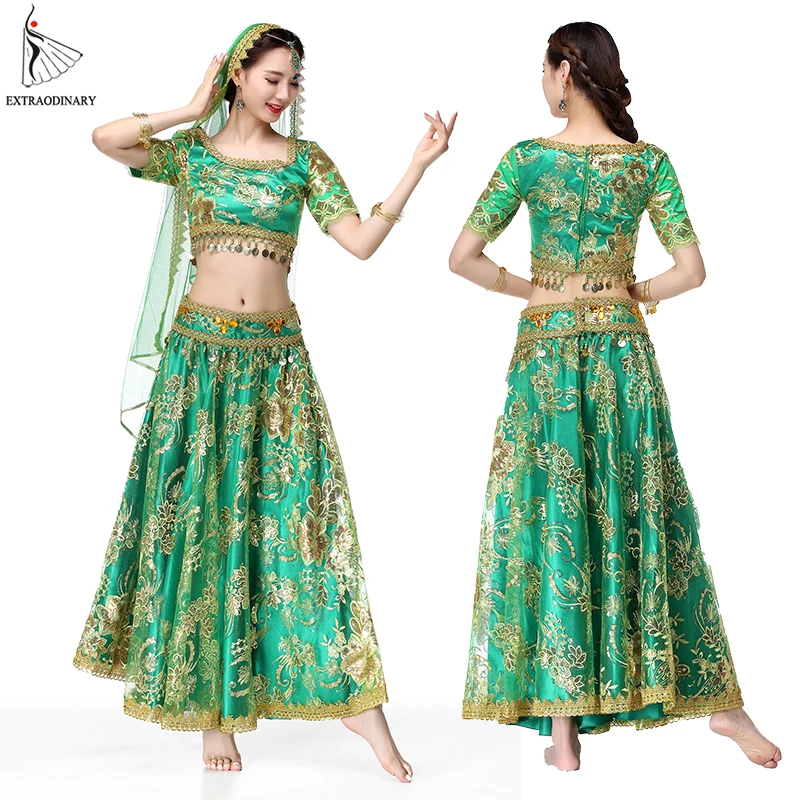 Bollywood Dance Performance Indian Dresses for Women - Costume Belly Dance Suits: Tops, Sleeve Coins (4pcs Set) - Top, Belt, Skirt, Veil image 3