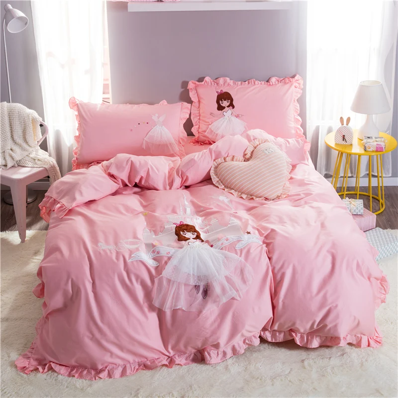 

Luxury Egypt Cotton Lovely Princess Bedding Set for girls Embroidery Ruffles Duvet Cover Bed Sheet Twin Queen Size 3/4Pcs