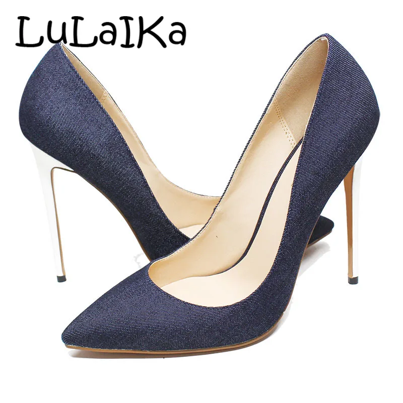 

Sexy Pointed Toe Women Pumps Wedding Party Shoes Denim Slip On 12 cm Thin High Heels Light Blue And Dark Blue Women High Heels
