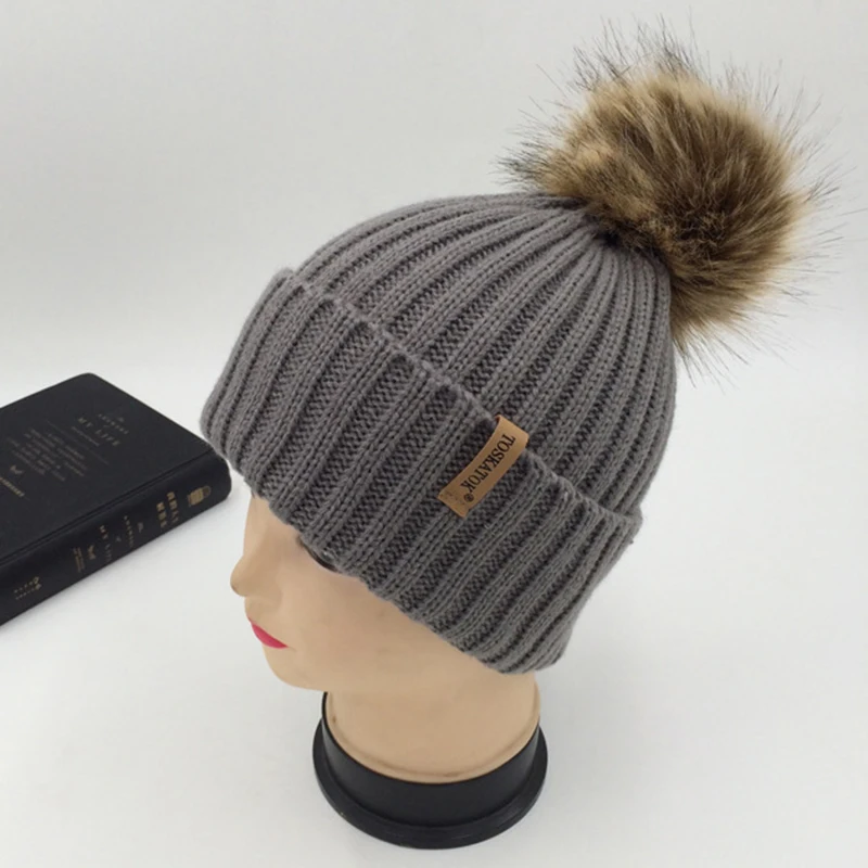 

Mother And Kids Winter Wool Knitted Beanies Pom Pom Hats For Baby Children Winter Raccoon Fur Ball Pompom Cap Boys Girls Gorros