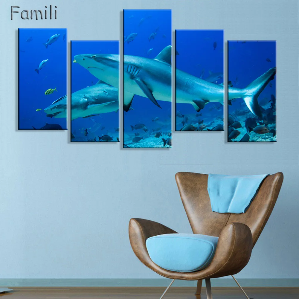 Modern Simple 5 Piece Canvas Art No Frame Wall Art Big Shark Multigang