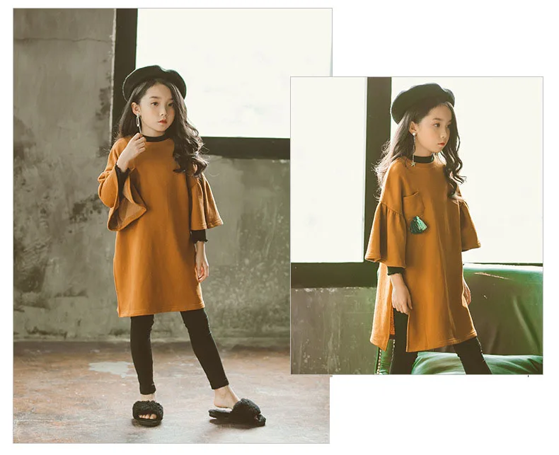 teenage girls long sleeve dresses with pockets autumn spring 2018 brown green long sweatshirts hoodies dress baby girl clothes (8)
