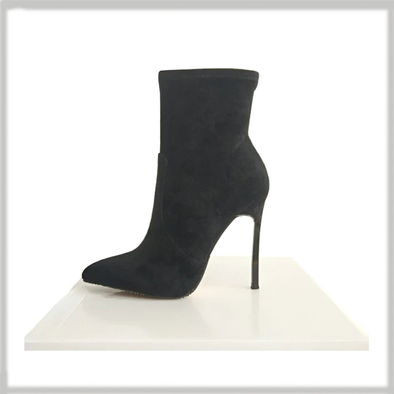 Г. Зимние женские ботинки из флока на тонком высоком каблуке с мехом, модные пикантные ботильоны женская обувь на высоком каблуке 10 см/12 см