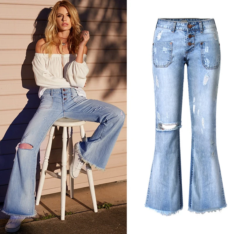 

Women's Hole Jeans Vintage Low Waist Knee Ripped Baggy Flared Bottom Jeans Denim Loose Wide Leg Pants Boyfriend Trousers Washed