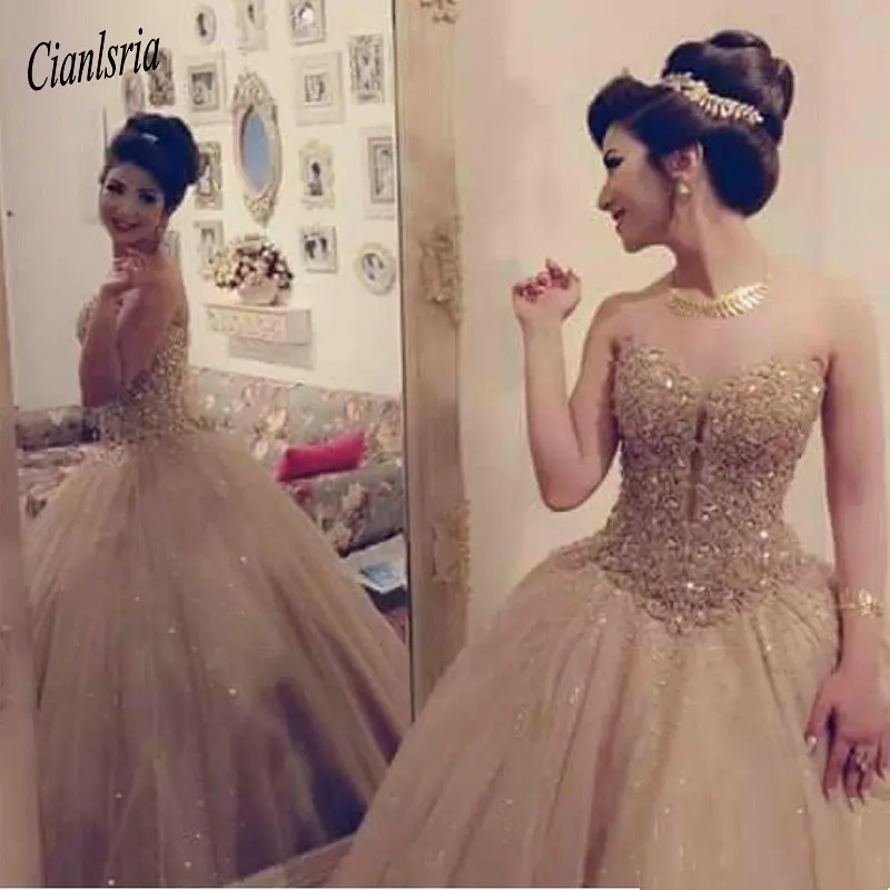 

Luxury Gold Sweetheart Neckline Tulle Ball Gown Princess Quinceanera Dress With Lace Sequin Bodice Sweet 16 Dress