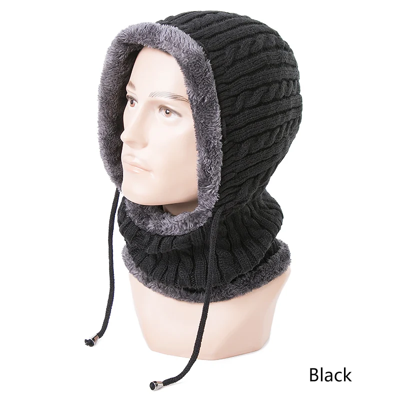 GROUPJUMP модная зимняя вязаная шапка бини мужской шарф Skullies Beanies Зимние шапки капот холодный теплый - Цвет: black