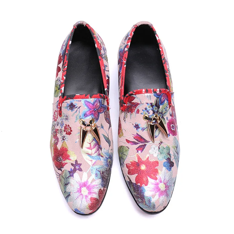 Italian Fashion Genuine Leather Mens Shoes Slip On Flowers Printed Mens Shoes Casual Ivory