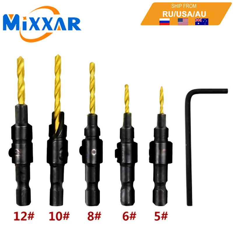

Dropshipping 5pcs Hss Countersink Drill Cone Bit Set 5#,6#,8#,10#,12# 14# Quick Change Round Shank Woodworking Screw Reamer