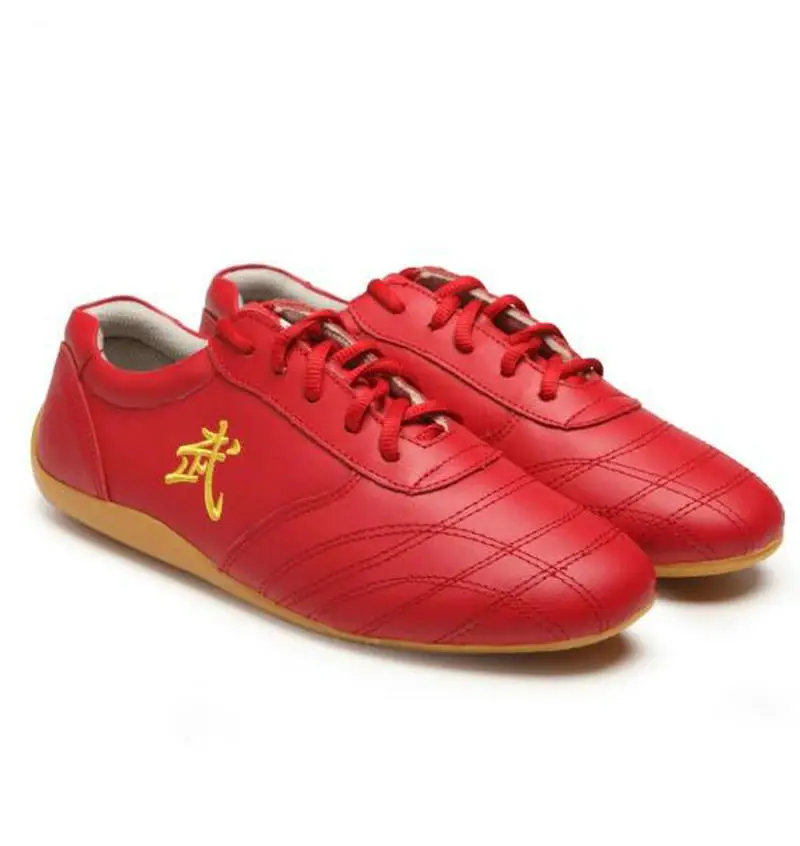 Китайские традиционные кроссовки Qi Gong Wing Chun Tai Chi из коровьей кожи; обувь кунг-фу; светильник на подошве; обувь для боевых искусств - Цвет: red