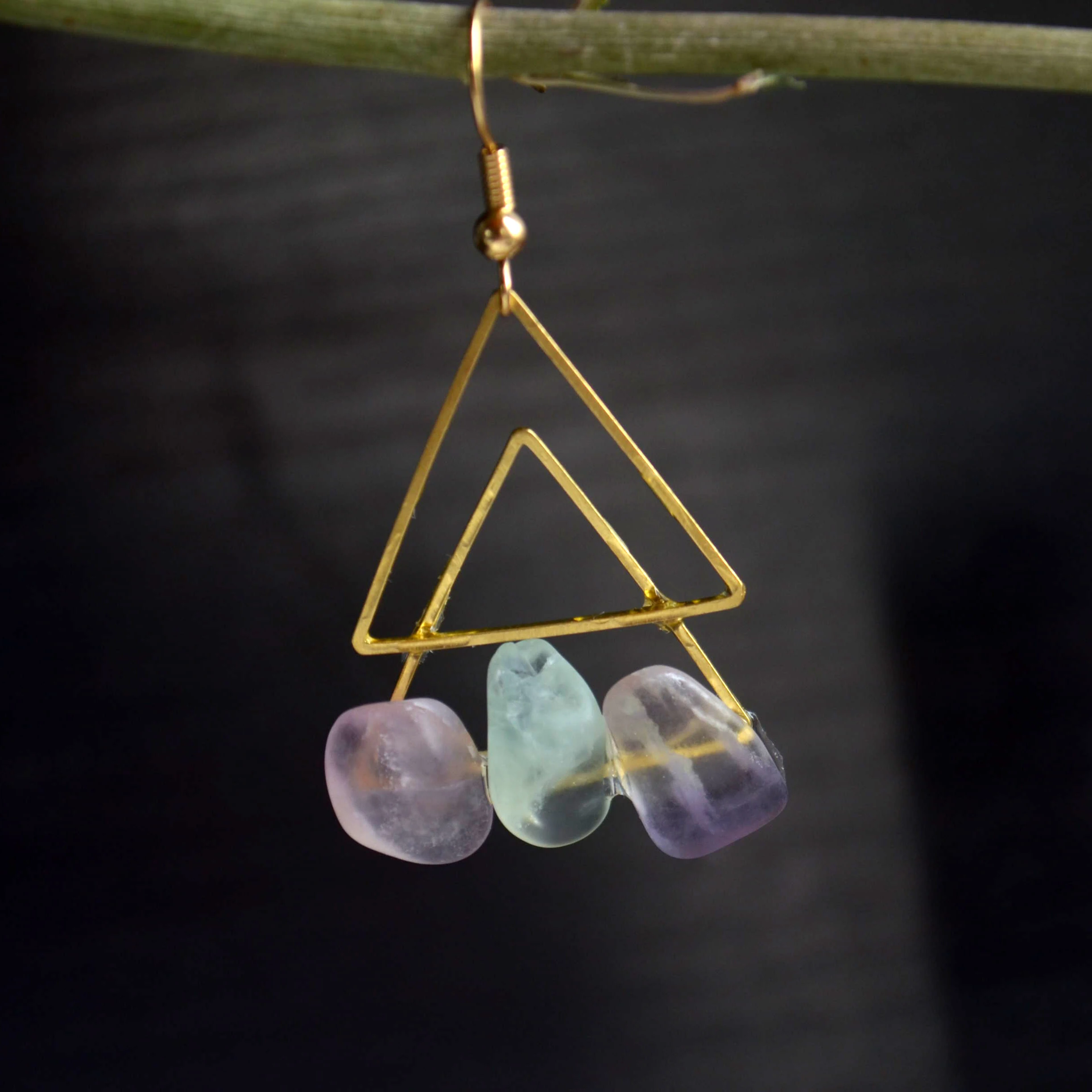 

a Pair Fluorite Natural Stone Birthstone Solitaire Geometry Triangle Gold Color Drop Earrings For Women Boho Fashion Jewelry
