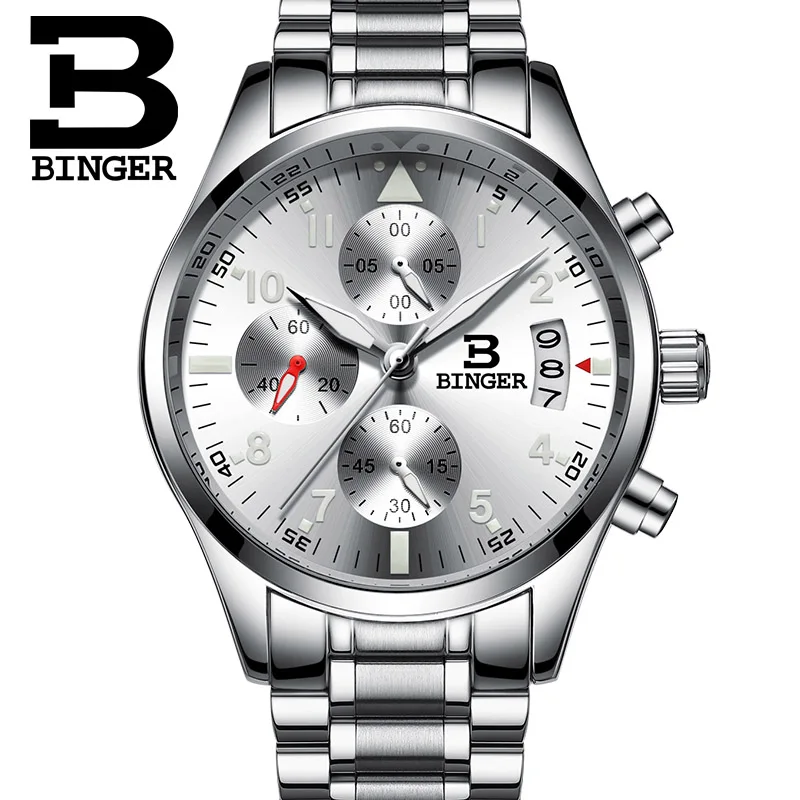 Бингер Спортивный Хронограф Мужские пилоты наручные часы черный стальной ремешок для часов Топ люксовый бренд Мужские кварцевые часы Мальчик наручные часы - Цвет: 01