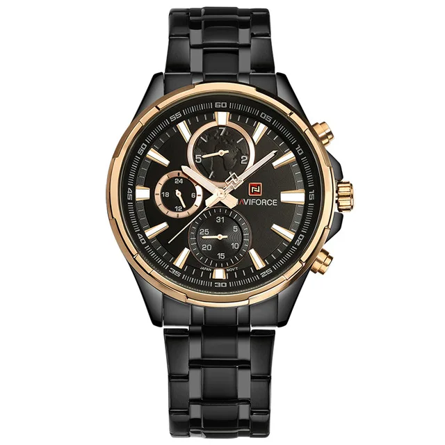 NAVIFORCE Мужские часы от ведущего бренда, роскошные черные полностью стальные водонепроницаемые кварцевые часы, мужские повседневные спортивные часы с хронографом, наручные часы - Цвет: Gold Black