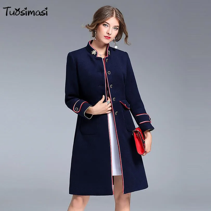 2017 bee embroidered coat autumn winter new slim jacket woolen coat