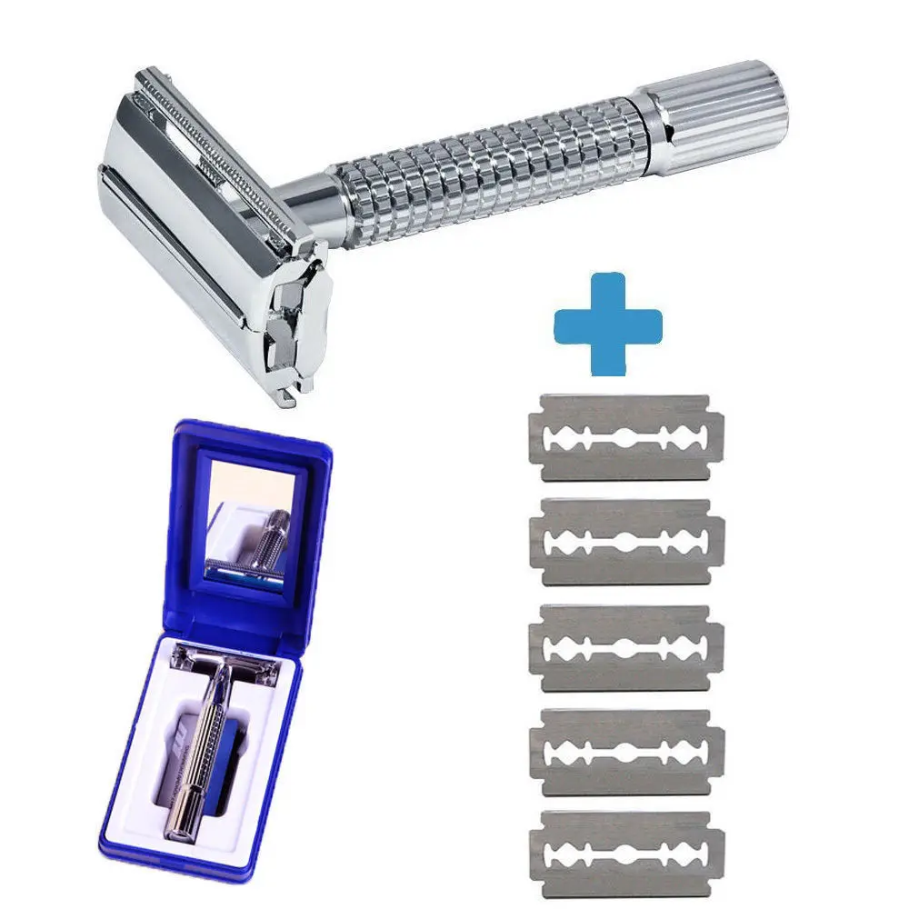 

New Hot 1pc Men's Traditional Classic Manual Stainless Steel Double Edges Shaver Razor+ 5pcs Blades+ 1pc Brush Set high Quality