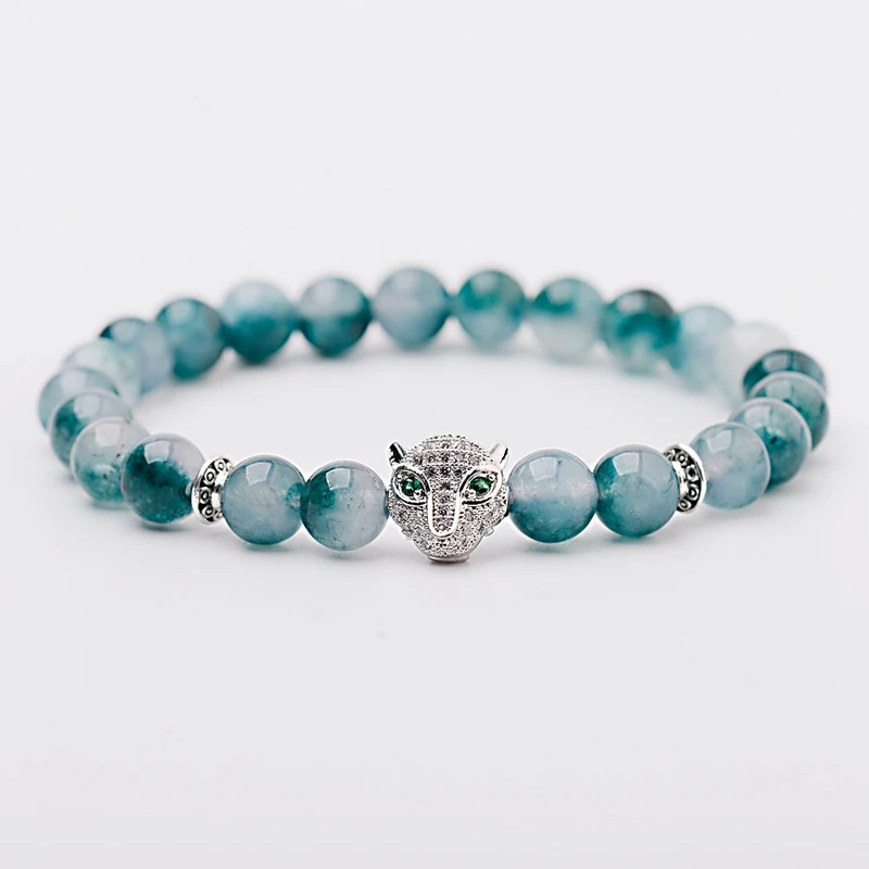 

Amader Natural Green Bright Stone Silver Leopard Elastic Bracelet Men Charm Bracelets&Bangles For Women Jewelry Gift AB717
