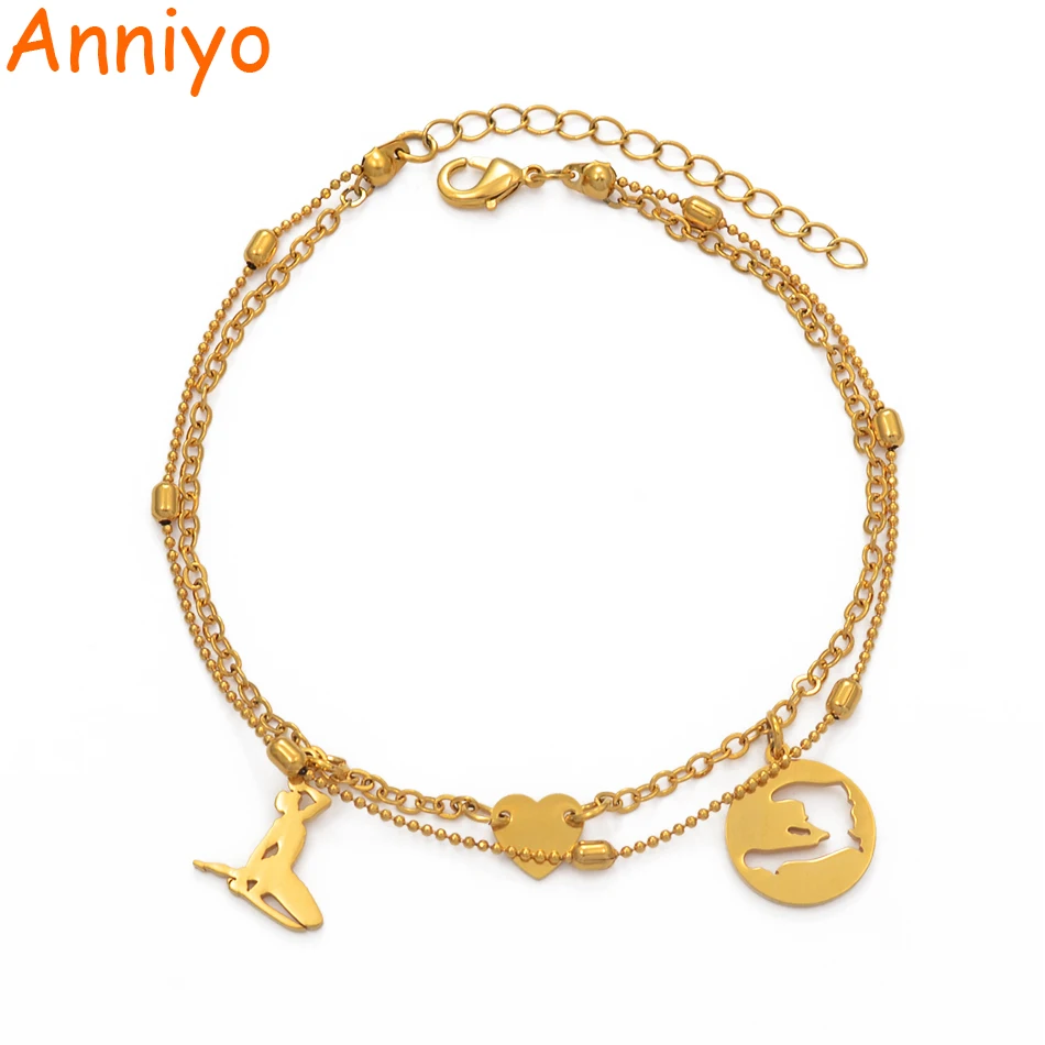 

Anniyo Length 25cm + 5cm, Haiti Map the Anklet Gold Color Heart Foot Chain Jewelry Gifts Ayiti With Heart Ethnic Gifts #205006