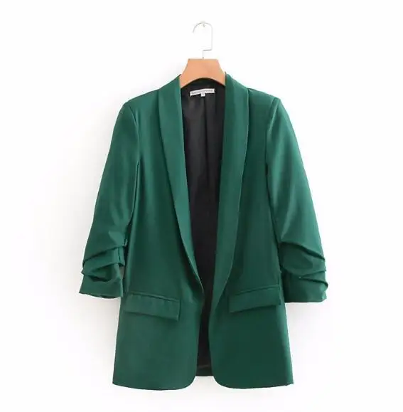 Women Red Ruched 3/4 Length Sleeve Blazer Jacket Coat