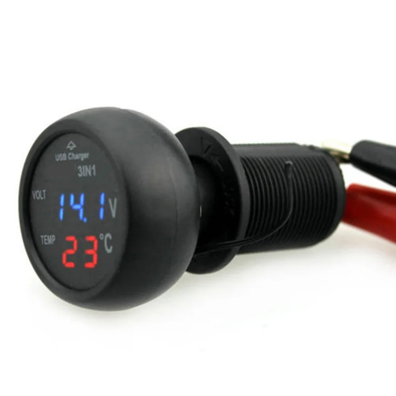 Универсальный 3in1 автомобиля 12 V цифровой светодиодный вольтметр датчик+ термометр+ USB Зарядное устройство 2.1A