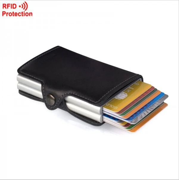  Genuine leather Brand Double Mini Wallet with Automatic Slide Card Holder Case Organizer Rfid Card Protector Men bag Women Purse 