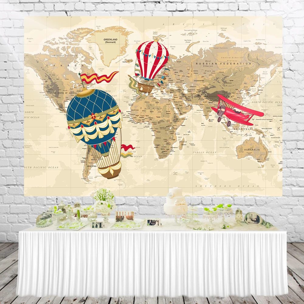 HUAYI Aircraft boy Baby Shower world map Adventure Backdrop hot balloon birthday party decoration Photo Booth Background W-2148