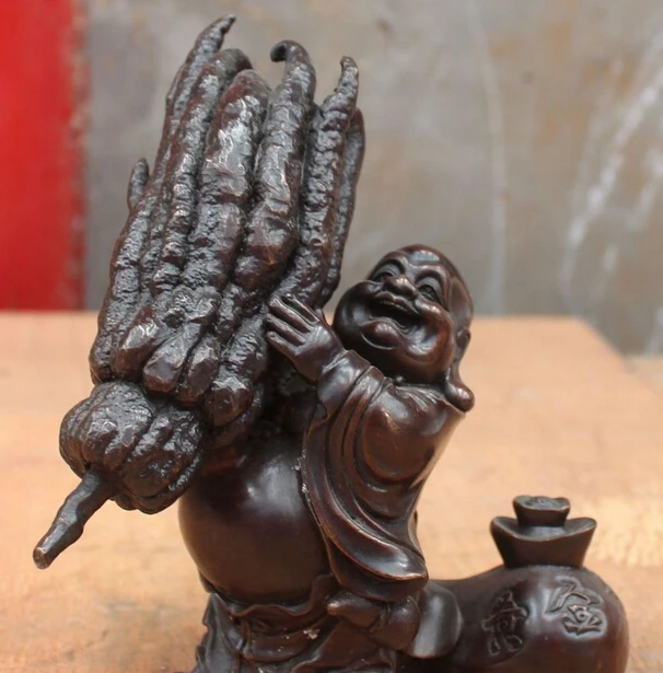 

Pure Bronze Happy Laugh Smile Maitreya Buddha Hold Yuanbao Bag Chayote Statue S0708 (B0328)