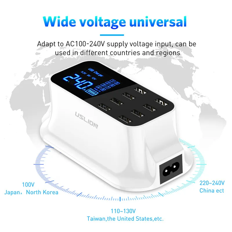 LED Display 8 Ports USB Charger for iPhone XR XS MAX 7 8 Samsung Xiaomi Smart Charger 2.4A Desktop Charger EU/UK Plug Available