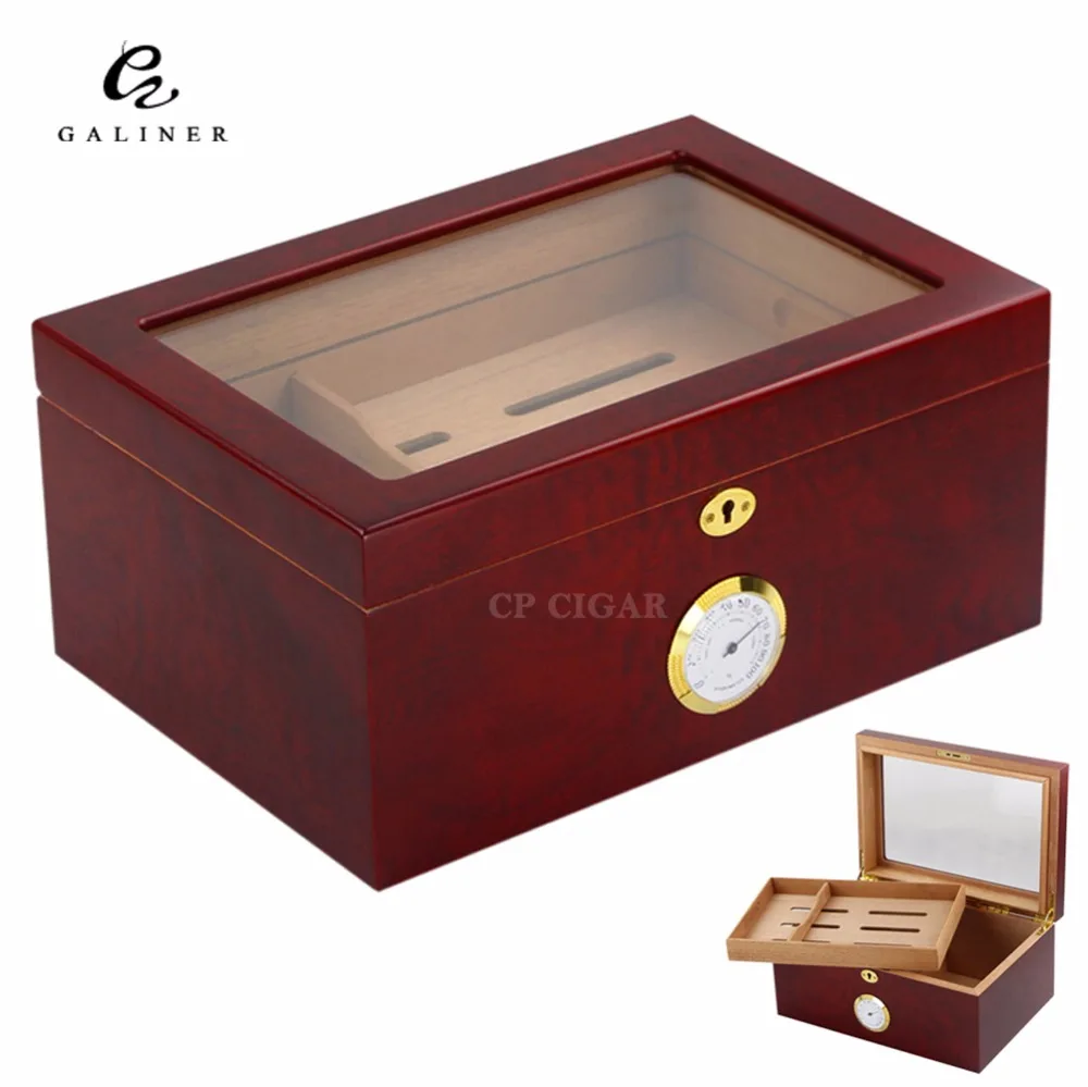 GALINER Matte Finish Cedar Wood Cigar Humidor Lock System Home Cigar Storage Box Humidor with