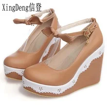 XingDeng/Женские повседневные туфли на высоком каблуке с пряжкой и бантиком модные милые женские вечерние туфли-лодочки на танкетке с круглым носком размеры 31-43