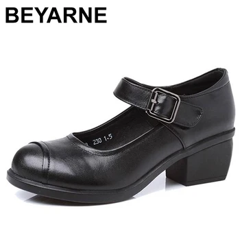 

BEYARNE Spring Autumn Shoes Woman 100% Genuine Leather Women Pumps Lady Leather Round Toe Platform Shallow Mouth Shoes Size35-40