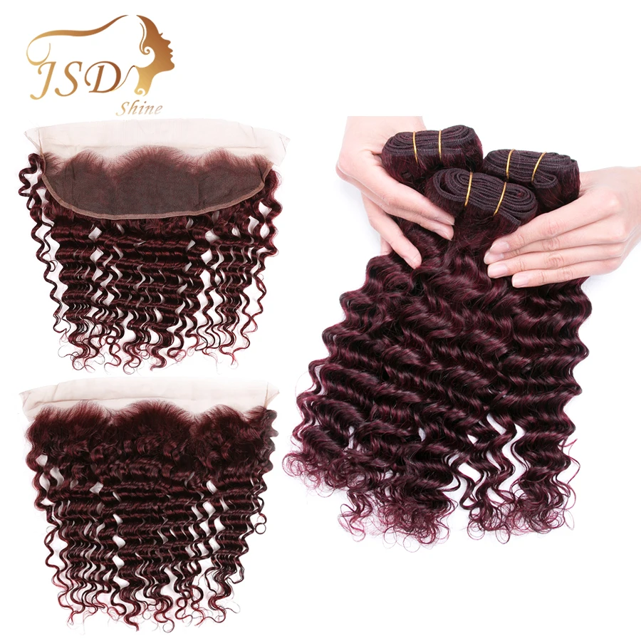 

JSDShine Brazilian Deep Wave Bundles With Frontal 99j Human Hair Bundles With Closure NonRemy Burgundy Lace Frontal With Bundles