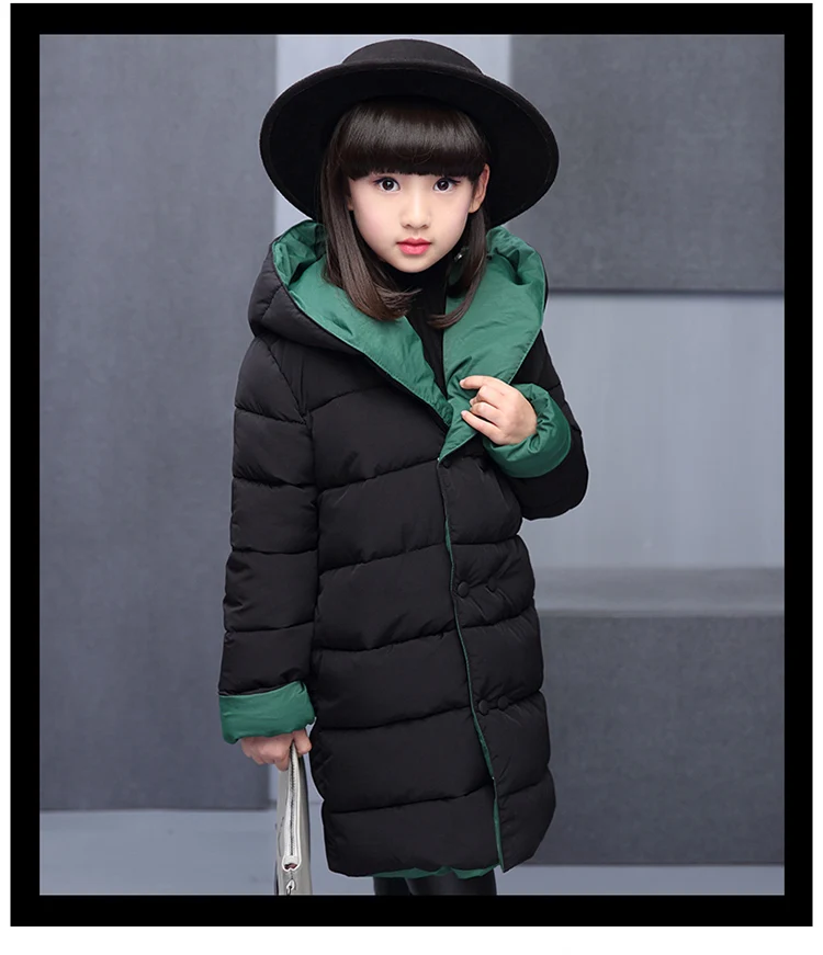 Зимняя Двусторонняя стеганая куртка для девочек детское утепленное пальто с хлопковой подкладкой верхняя одежда средней длины с капюшоном для девочек От 5 до 13 лет