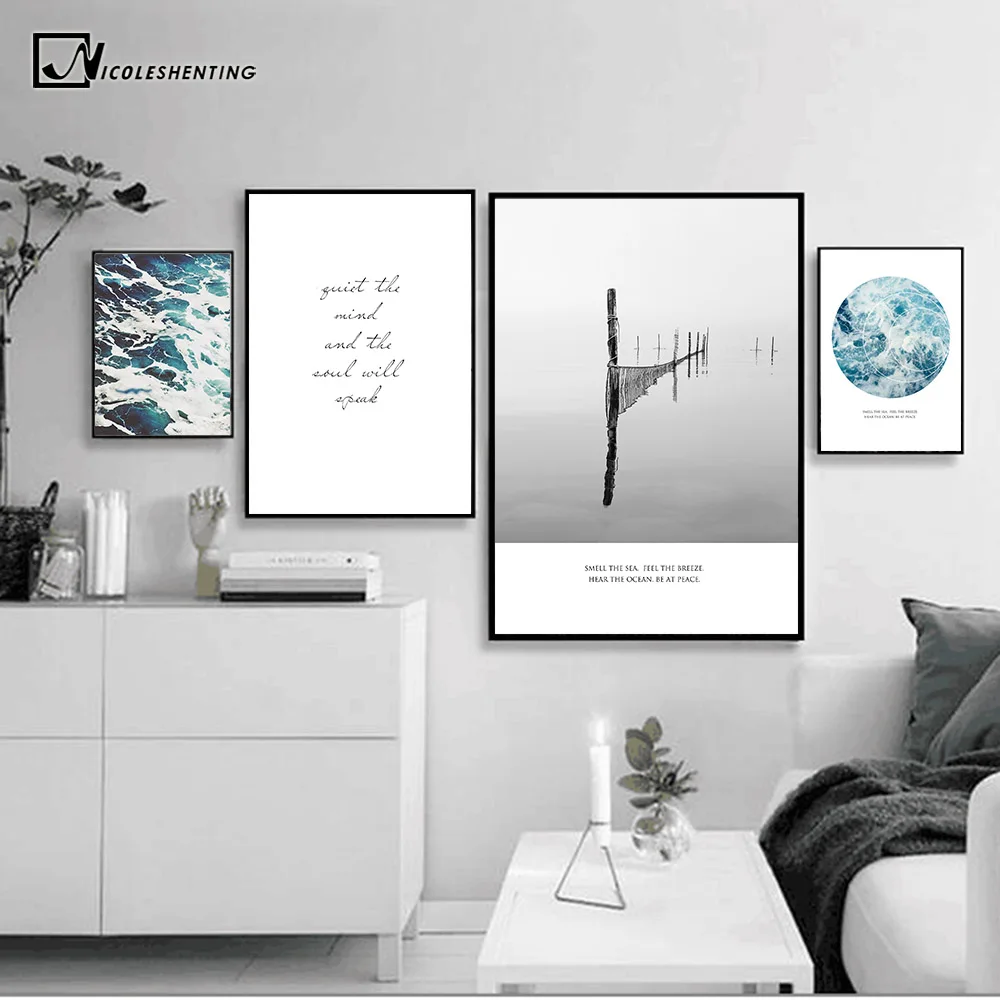

NICOLESHENTING Sea Beach Landscape Minimalist Art Poster Print Motivational Quote Wall Picture Nordic Canvas Painting Home Decor