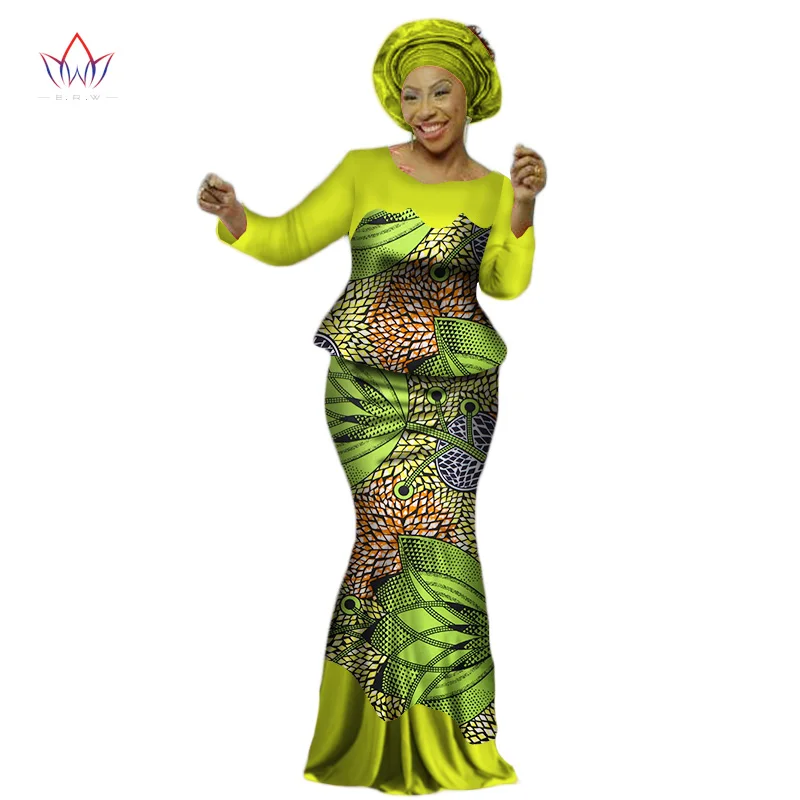 Africa Style Bazin Riche Dresses for Women Two Pieces Set Women Long Sleeve Tops and Long African Print Skirt Plus Size WY2454