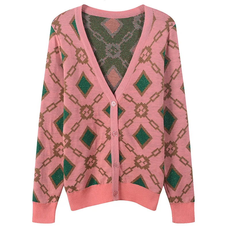 2018 Winter Fashion Pink Plaid Sweater Cardigans Women Runway Designer Long Sleeve Female Christmas Party Sweet Clothing |