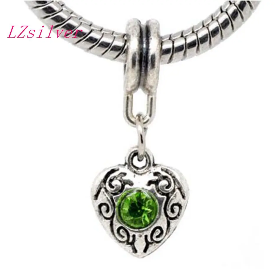 

100 pcs Antique Silver Green Rhinestone August Birthstone Heart Charm Pendants for European Bracelets 24mm x 10mm A-006942