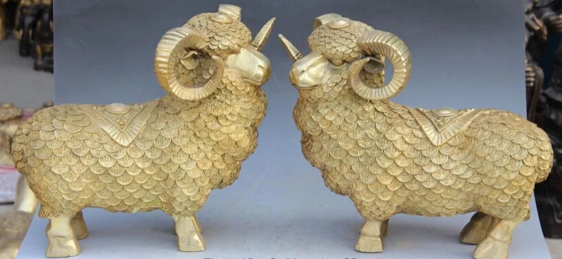 

002338 13" Chinese Bronze Fengshui Folk Zodiac Year Sheep Goat Money Wealth Statue Pair