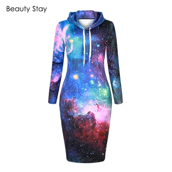 

BeautyStay Autumn Winter Women Hoodie Dress 3d Print Velvet Hooded Sweatshirt Dress Loose Plus Size Warm Thick Pullover Dresses