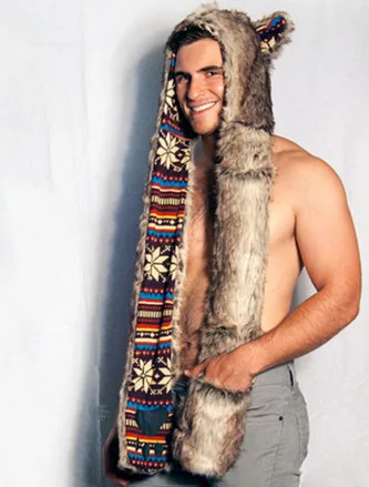 Women/Men Winter Faux Fur Hood Animal Hat Ear Flaps Hand Pocket Scarf Hood Hat Wolf Plush Warm Animal Cap With Fur Scarf Gloves Cycling Gloves Winter Hat Winter Accessories Knitted Hat Scarf Set Men Gloves
