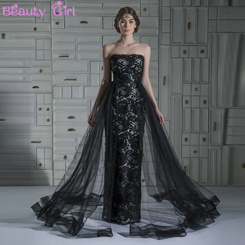 2015 Elegant Black Straight Strapless Lace Panel Train Floor Length Evening Dresses-in Evening 