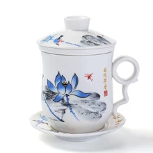 Синий и белый фарфор Керамика офисные Чай чашка с крышкой фильтра отдельных Кружки и блюдца