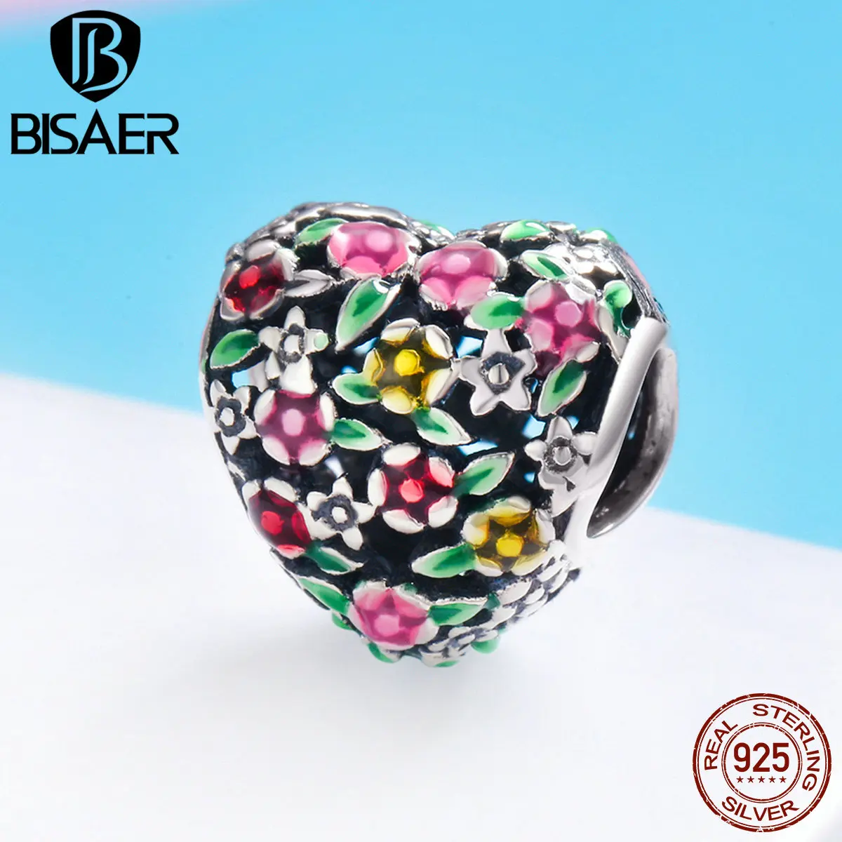 

BISAER Sale 925 Sterling Silver Spring Tree Leaves Heart Flower Enamel Beads fit Bracelet & Bangles Silver 925 Jewelry ECC646