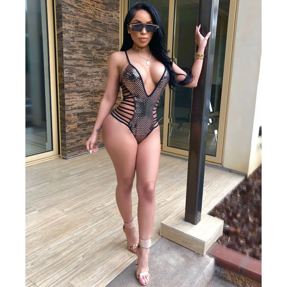 

Strap V Neck Women Sexy Bodysuits Hollow Out Summer Women Sequin Rompers
